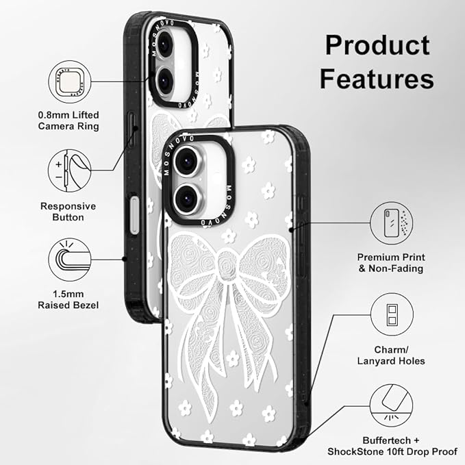 MOSNOVO Case for iPhone 16, [10ft 4X Military-Grade Drop Protection] Durable & Shockproof Phone Case Cover Design for iPhone 16 - Lacey Bow - Clear Black