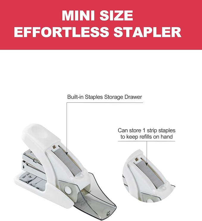 PAPERPAL Effortless Mini Stapler Set, 20 Sheet Capacity, Integrated Remover & Staple Storage, Holds 1/4" Staples, Includes 1000 Staples, Lightweight, Office, School & Daily Use, White