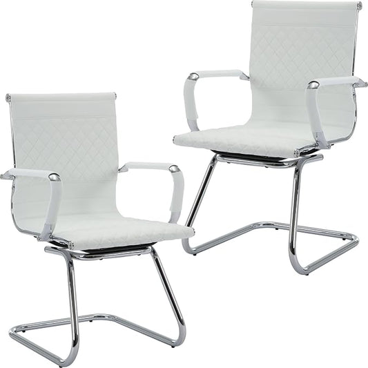 Office Guest Chairs Reception Chairs Waiting Room Chairs Set of 2 Conference Room Chair with Mid Back, Modern PU Leather Desk Chair, White