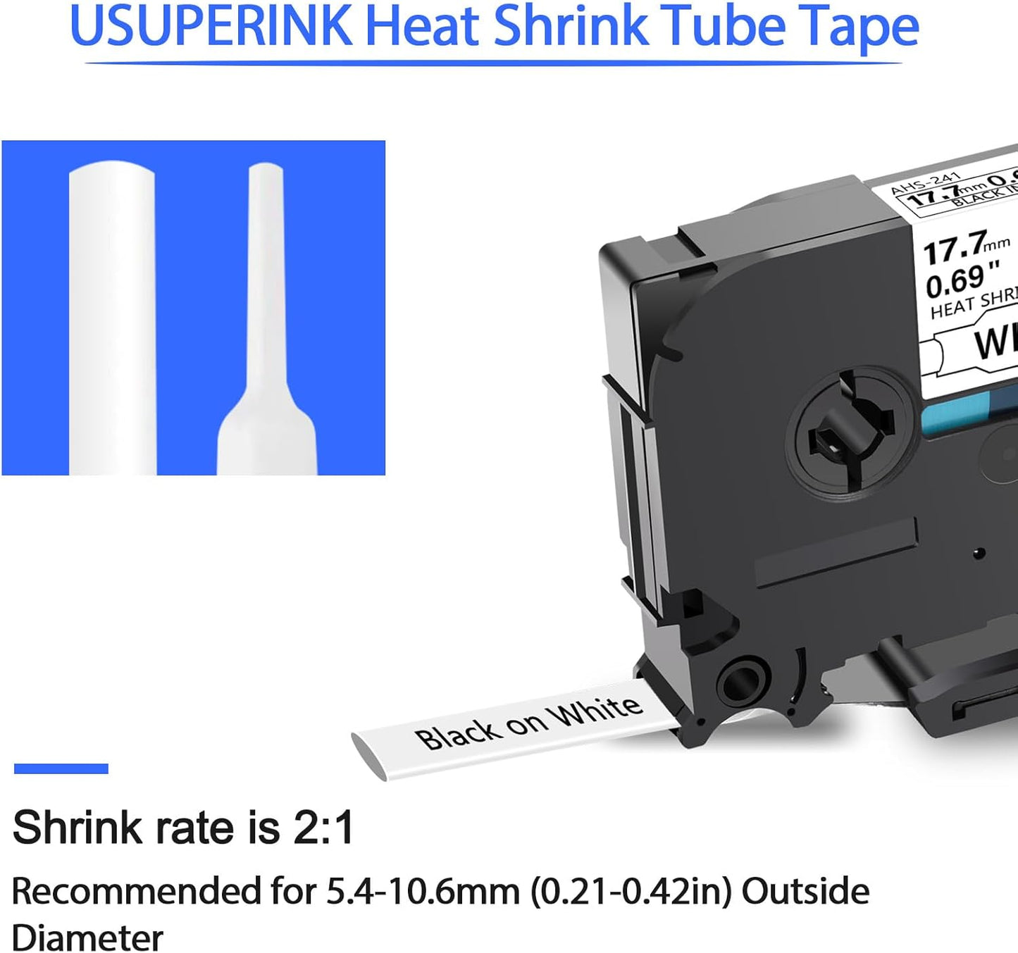 USUPERINK 5PK Compatible for Brother Ptouch HSe-241 HSe241 HS-241 HS241 Black on White 17.7mm 0.69'' Heat Shrink Tubing for Wire Cable for PT-D400 PT-E500 PT-P700 PT-P710BT PT-P750W Label Maker Tape