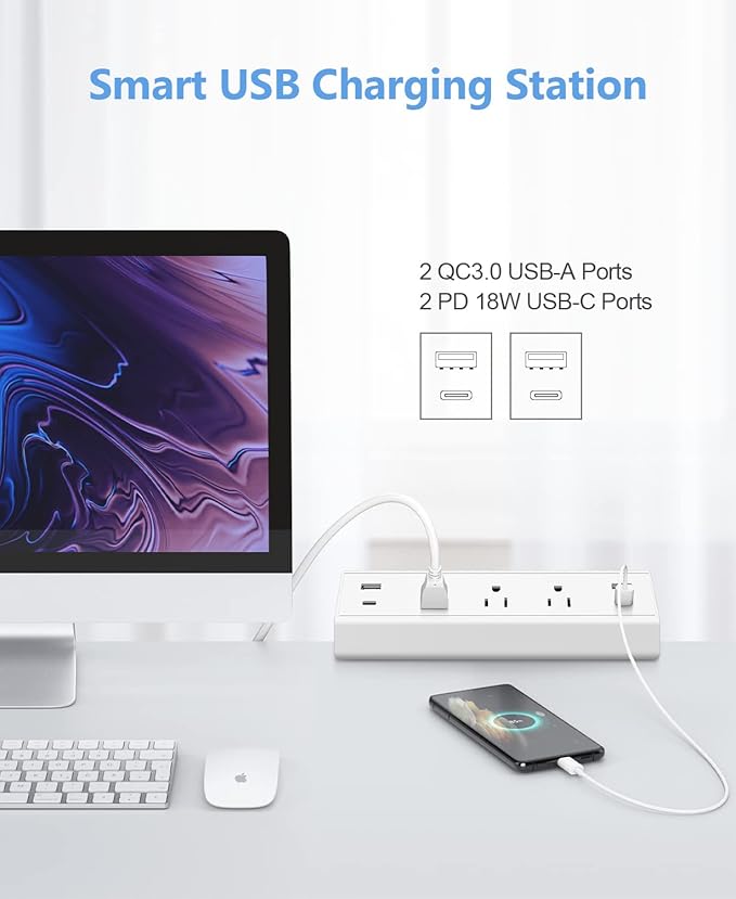 Desk Clamp Power Strip USB C,40W Fast Charging Station,2 PD 20W USB C Charger,Desk Edge Mount Power Strip 4 USB Ports 3 Widely Spaced Outlets Surge Protector,6ft Flat Plug,Fit 1.96" Tabletop Edge