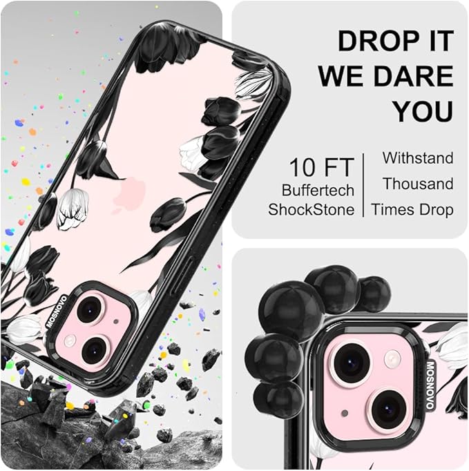 MOSNOVO Case for iPhone 15 Plus, [10ft 4X Military-Grade Drop Protection] Durable & Shockproof Phone Case Cover Design for iPhone 15 Plus / 14 Plus - Black White Tulips - Clear Black