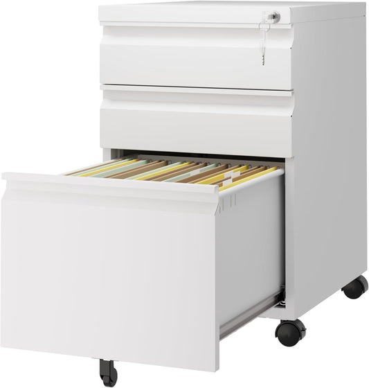 3 Drawer Mobile File Cabinet with Lock,Under Desk Storage Cabinet for Home Office,Vertical Filing Cabinet Fits A4 or Letter Size(Unassembled,White)