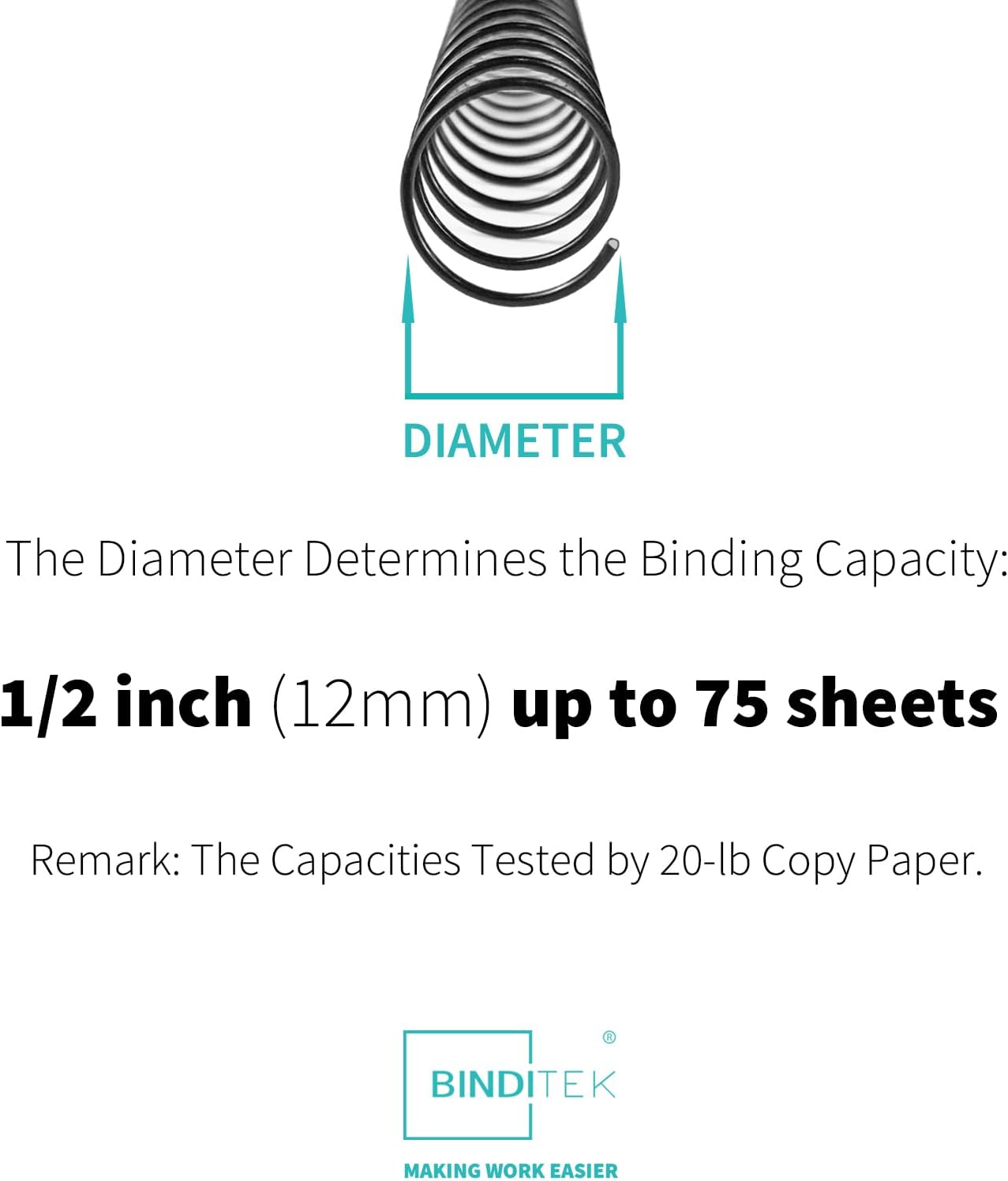 Binditek 30 Pack Metal Spiral Binding Coils, 12mm (1/2"), 75 Sheet Capacity, 4:1 Pitch, Black, 48 Loops for Letter Size, for Students and Coworkers