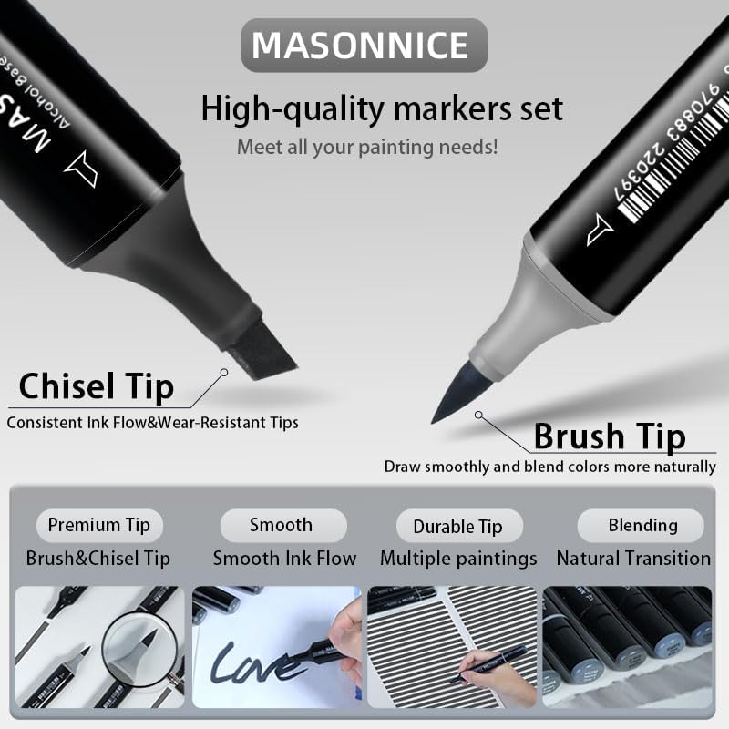 Gray Grey Alcohol Markers Brush Tip, 12pc Cool Grey Colorless Blender Markers Set for Adults Artist Coloring Book Shading Drawing Sketching Brush Chisel Tips Gifts