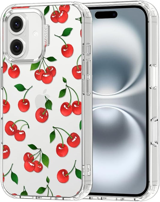 MOSNOVO Case for iPhone 16 Plus, [Buffertech 6.6ft Military-Grade Drop Protection] [Anti Peel Off Tech] Clear TPU Bumper Phone Case Cover Design - Cute Cherry