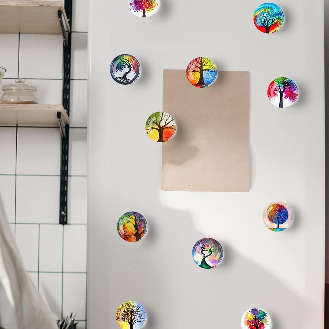12Pcs Glass Refrigerator Magnet Fridge Sticker，Life Tree Crystal Fridge Magnets Decoration for Crafts,Strong Fridge Magnets for Kitchen, School,Office Whiteboard, Cabinet and Dishwasher (Life Tree)