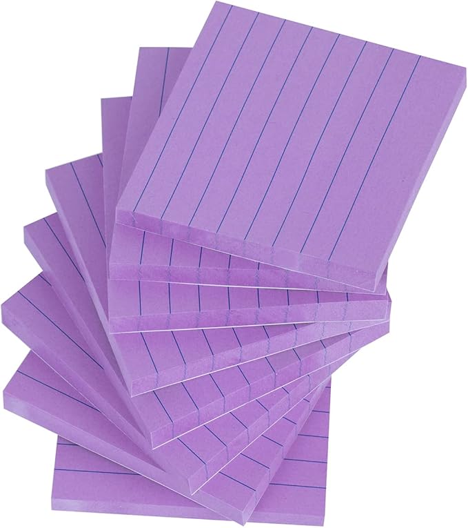 Vanpad Lined Sticky Notes 3x3 Inches, Bright Purple Ruled Self-Stick Pads, Easy to Post for Home, Office, Notebook, 8 Pads/Pack
