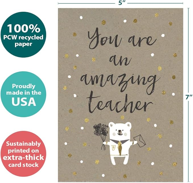Tree-Free Greetings Teacher Appreciation Cards - Artful Designs - 1 Card + Matching Envelopes - Made in USA - 100% Recycled Paper - 5"x7" - Heartfelt, For Teacher, An Amazing Teacher (GO64417)