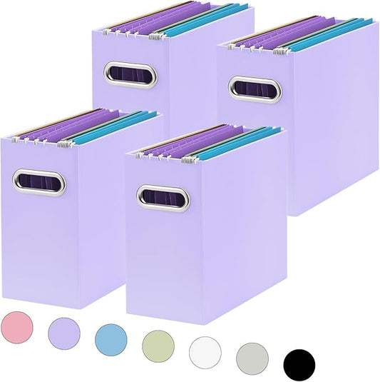 Oterri File Organizer, Small Storage Box, Cardboard File Folder Organizer, Collapsible File Box, Hanging File Organizer for Letter Size, Portable File Box with Handle, Only Box (Purple,4 Packs)