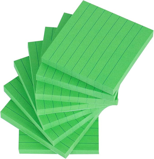 Vanpad Lined Sticky Notes 3x3 Inches, Big Green Ruled Self-Stick Pads, Easy to Post for Home, Office, Notebook, 8 Pads/Pack
