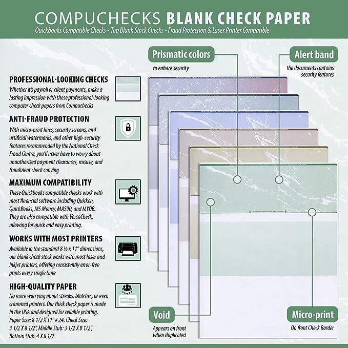 Compuchecks Check on Top Blank Check Paper - 100 Pack, Quick-Books & Laser Printer Compatible - Security Business Checks with Voucher - 8.5" x 11" Green Diamond