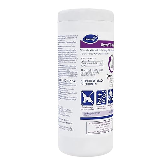 Oxivir Diversey Tb 5388471 Ready-to-Use Disinfectant Cleaning Wipes, Accelerated Hydrogen Peroxide, Large 7x8-Inch Sheets, 60-Wipes, 1-Slim Canister (Pack of 12)