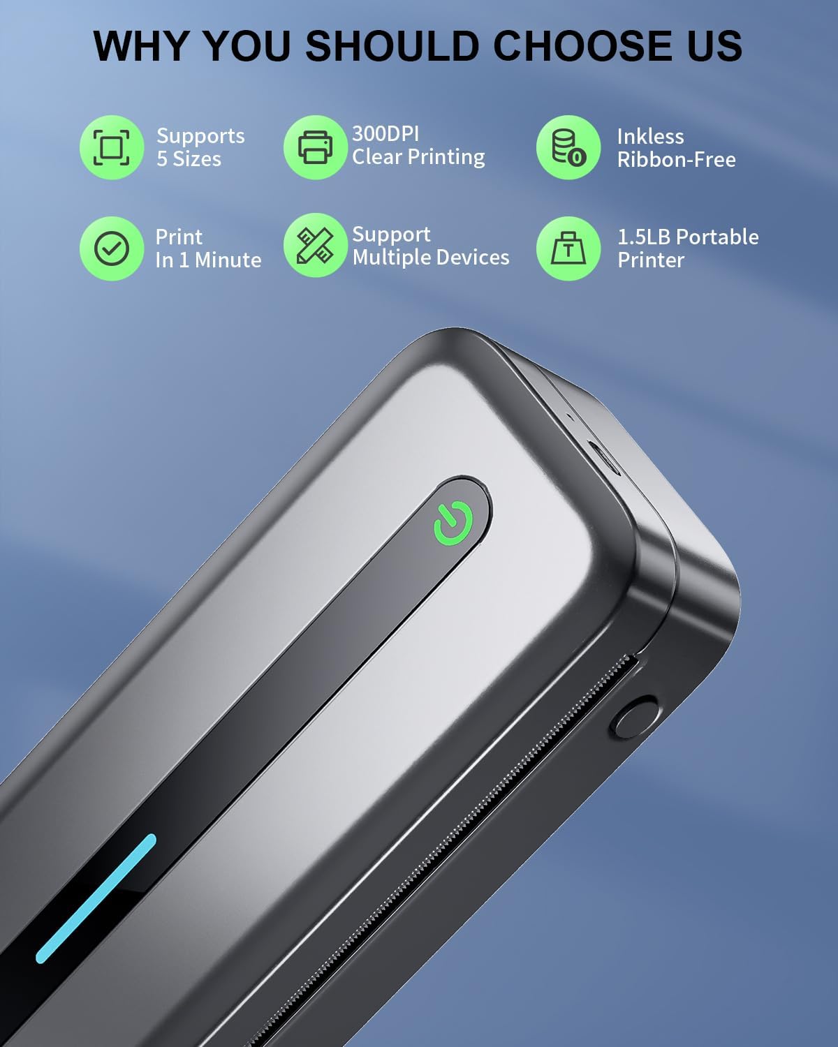 COLORWING Portable Printers Wireless for Travel, 300DPI Mini Compact Inkless Printer, Thermal Bluetooth Printer Compatible with Android and iOS Smartphone & Tablet & Laptop - Gray