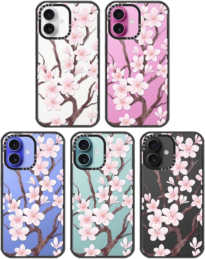 MOSNOVO Case for iPhone 16, [10ft 4X Military-Grade Drop Protection] Durable & Shockproof Phone Case Cover Design for iPhone 16 - Cherry Blossom - Clear Black