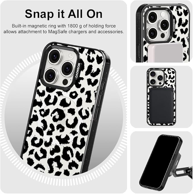 MOSNOVO Magnetic Case for iPhone 15 Pro, 10ft Military-Grade Protection, Compatible with Magsafe, Shockproof Phone Case for iPhone 15 Pro - Black Leopard Print - Clear Black