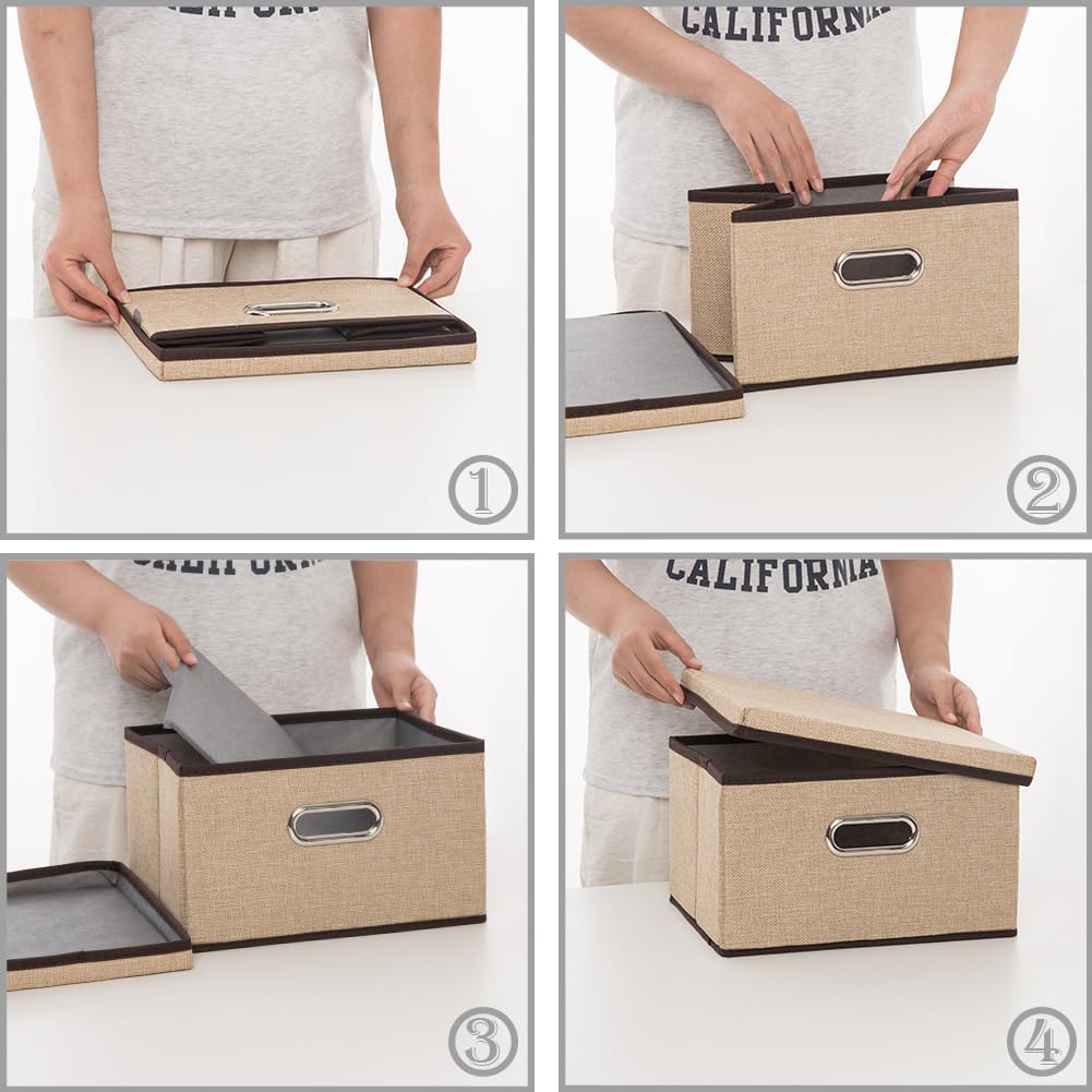 PRANDOM Storage Bins with Lids [3-Pack] Jute Fabric Foldable Storage Boxes Organizer Containers Baskets Cube with Cover for Home Bedroom Closet Office Nursery khaki（11.4X8.6X6.7