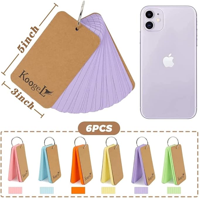 Koogel 300 Pcs Colored Index Cards, 3 x 5 Inch Study Notecards with Ring for School, Learning, Memory