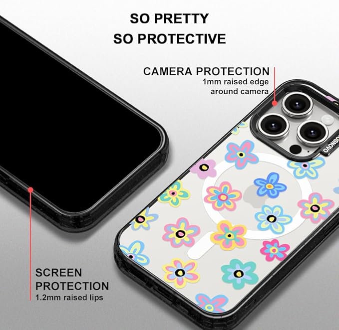 MOSNOVO Magnetic Case for iPhone 15 Pro, 10ft Military-Grade Protection, Compatible with Magsafe, Shockproof Phone Case for iPhone 15 Pro - Groovy Flower - Clear Black