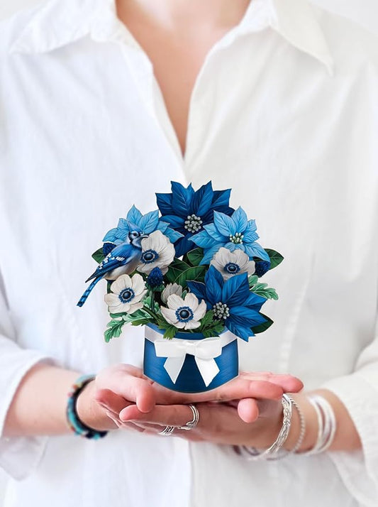 Freshcut Paper Pop Up Cards, Mini Blue Poinsettia, 6 Inch Mini Sized Forever Flower Bouquet 3D Popup Greeting Cards, Christmas Card, Holiday Card, Blank Notecard & Envelope