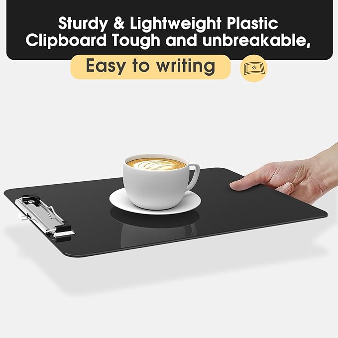 Plastic Clipboards, A4 Black Clip Board 8.5x11 for Classroom, Students, Kid, Woman, Size 9" x 12.5" with Low Profile Clip, Office & School Supply