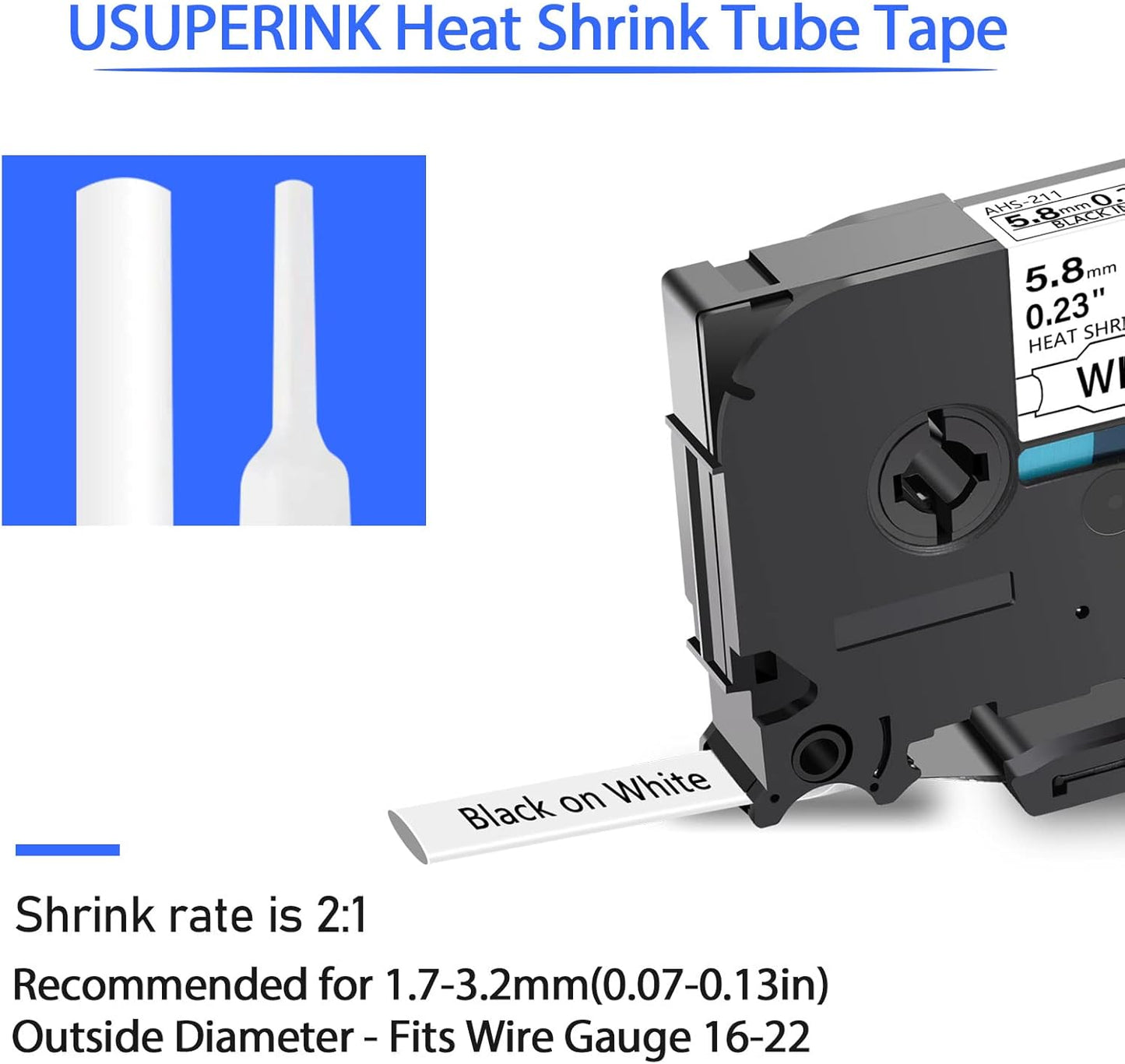 USUPERINK 5 Pack Compatible for Brother Ptouch HSe-211 HSe211 HS-211 HS211 Black on White (0.23''x 4.92ft) Heat Shrink Tube Label Tape use in PT-D400 PT-D450 PT-E300 PT-E500 H300 Label Maker