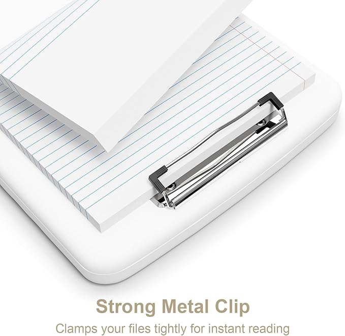 Piasoenc Clipboard with Storage, 8.5 x 11 Organization Box with Pen Holder and A4 Legal Paper Folder, Heavy Duty Plastic, Folio & Side-Opening, Low Profile Clip, for Nurses, Teachers, White