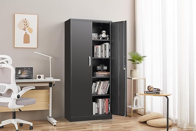 Metal Storage Cabinet with Adjustable Shelves, Garage Storage Cabinets with Doors and Shelves, File Cabinets for Home Office, Kitchen Pantry Cabinet, 71'H, Black