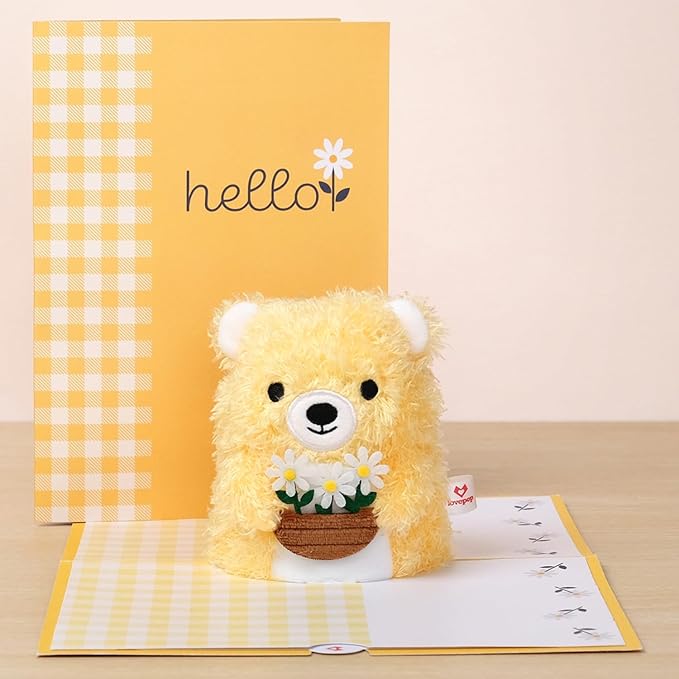 Lovepop Plushpop Soft Animal Pop-Up Card for Her and Him - 3D Bear Thinking of You Greeting Card for Boys, Girls, Men, Women - Hello - 6" x 8" Card - Yellow