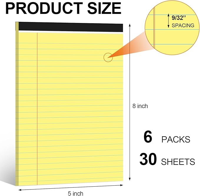 Utron 6 PCS Small Legal Pads 5x8 Yellow, Narrow Ruled Small Note Pads 5x8, Micro Perforated Writing Pad, College Ruled Legal Notepads 5x8 for Study, Office, To-Do Lists(30 Sheets/Small Notepad)