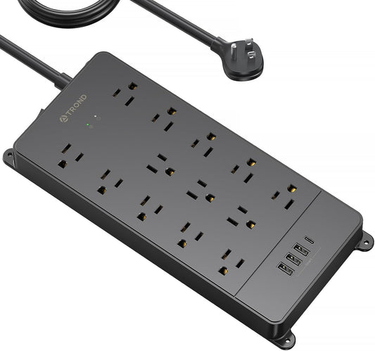 TROND Surge Protector Power Strip 15 ft Cord - Long Extension Cord, 13 Widely-Spaced Outlets Expansion with USB C Ports, 4000 Joules, Flat Plug, Wall Mount, ETL Listed, Office Desk Accessory, Black