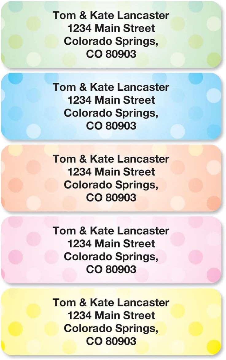 Pastel Dots Rolled Personalized Return Address Mailing Labels with Dispenser, Set of 500, 5 Designs, Small ¾ x 2½ Inch Size, Custom Self-Adhesive Sticker Roll, by Colorful Images