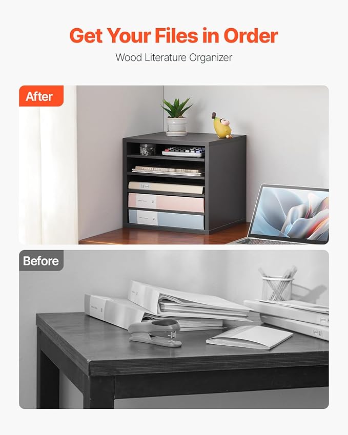 VEVOR Literature Organizer, 5 Compartments Office Mailbox with Adjustable Shelves, Wooden Mailbox Sorter Medium Density Fiberboard Office Home Classroom Storage for Files, Documents, Papers, Grey