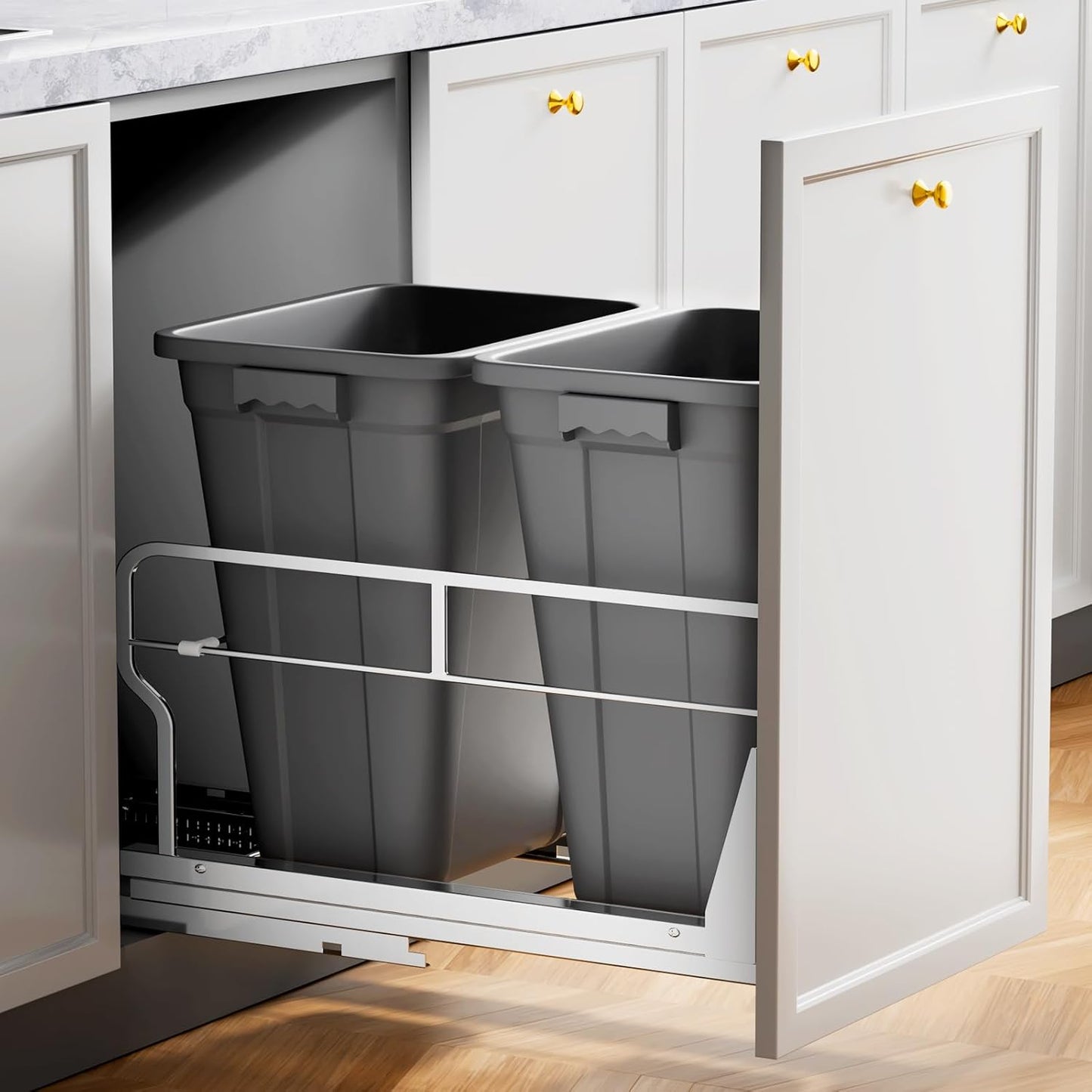 Insputer Double 40QT Pull Out Trash Can Under Cabinet, Heavy Duty Under Sink Garbage Bin Kit with Soft-Close Slides for Kitchen, Laundry, Requires Minimum Cabinets Opening 18" W X 24" D
