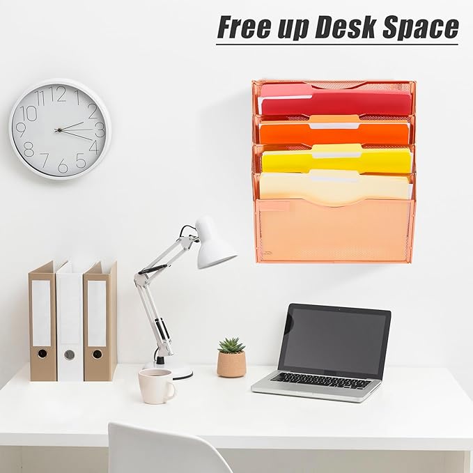 EASEPRES 5 Pocket Mesh Hanging Wall File Organizer, Wall Mounted Mail Paper Document Folder Holder, Clipboard Storage Organization Magazine Rack with Nametag Label for Office Home School, Rose Gold