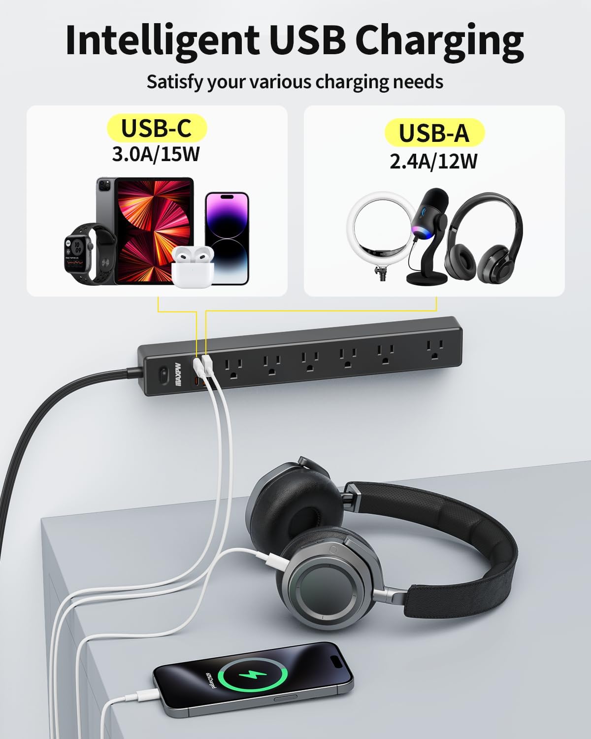 10 Ft Power Strip Surge Protector - 7 Outlets 4 USB Ports (2 USB C), Ultra Thin Flat Extension Cord & Flat Plug, 1700 Joules, Wall Mount, Desk Charging Station for Home Office Dorm, Black