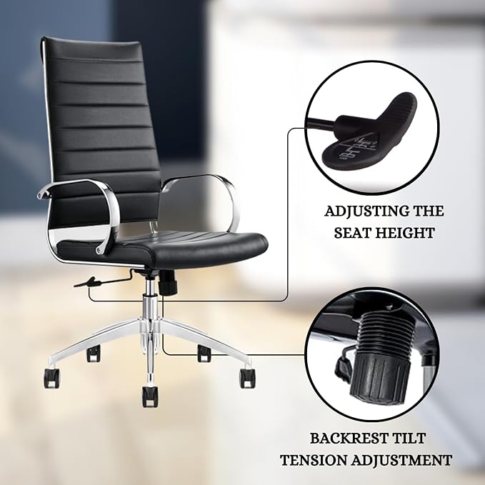 Ribbed High Back Conference Room Chairs - Lumbar Support, Modern Style Executive Chair for Home and Office - 360 Swivel Rolling Wheels - Aluminum Chrome Frame & Base - Black (Pack of 6)