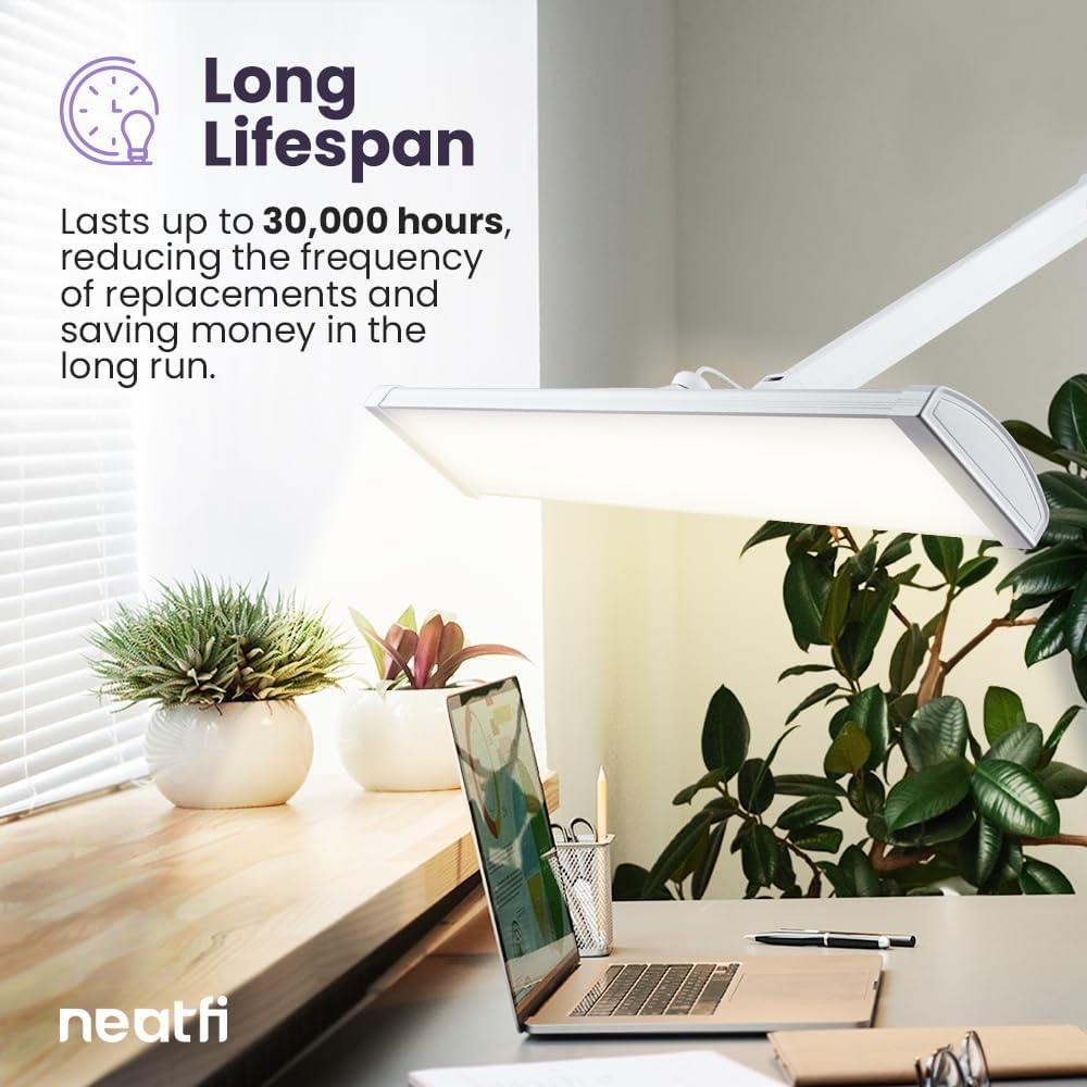 Neatfi Ultra 3,500 Lumen LED Desk Lamp, Color Correlated Temperature, 3 Light Modes, Dimmable, 45W, 26 Inch Wide Metal Shade, 540 SMD LEDs (CCT with Clamp, White)