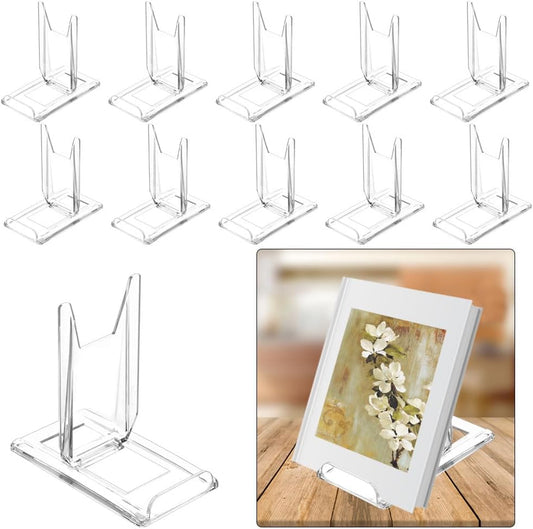 （10 Pack ）Acrylic Book Stand for Display Adjustable Clear Display Holder Easel Collector Stand for Home Office Back to School Comic Album CD Magazine Postcard Artworks (4.2 x 4.3 x 2.35 Inch)