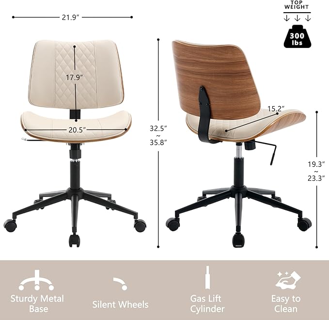 Home Office Chair No Arms with Wheels, Adjustable Height Small Desk Chair, PU Leather Mid Back 360 Swivel Computer Chair, Armless Modern Walnut Chair for Office, Reading Meeting Room(Beige)