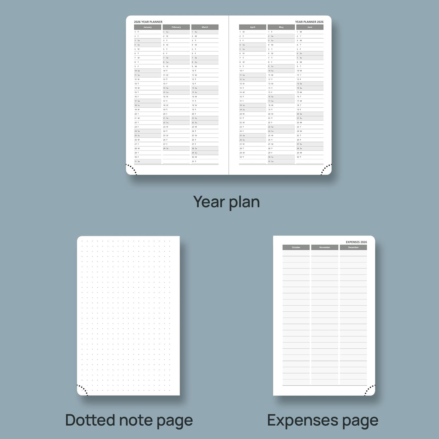 POPRUN Weekly Planner 2026 Calendar (Pocket 4'' x 6.25'') 12 Months Notebook with Horizontal Layout, Leather Hardcover, Inner Pocket, 100GSM Thick Paper, Pen Holder TJ - Black