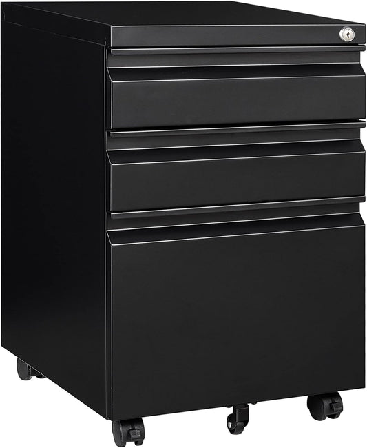 3 Drawer File Cabinet with Lock,Under Desk File Cabinet with Wheels,Black Rolling Filing Cabinets,Three Drawer Metal Filing Cabinet for Home Office,Fit A4/Letter/Legal File,- Assembly Required