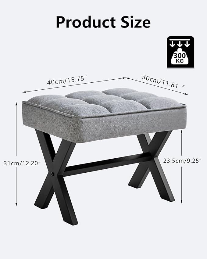 IBUYKE Small 12" H Footrest Stool, Square Linen Foot Stool with Metal X-Leg, Multi-Use as Small Side Table, Step Stool for Living Room, Bedroom, Entryway, Office, Blue Gray WBD011L