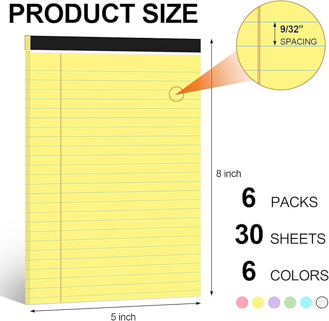 Utron 6 PCS Small Legal Pads 5x8 Colorful, Narrow Ruled Small Note Pads 5x8, Micro Perforated Writing Pad, College Ruled Legal Notepads 5x8 for Study, Office, To-Do Lists(30 Sheets/Small Notepad)