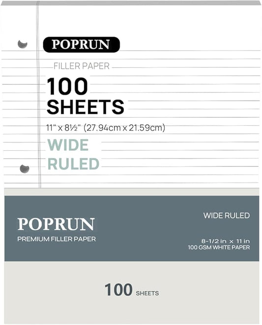 POPRUN Loose Leaf Paper, 8.5" x11" Wide Ruled, 100GSM / AA Grade Bulk Lined Filler Sheets, 3 Hole Punched for Binder Notebook, Office School Supplies, 1 Pack (100 Sheets)