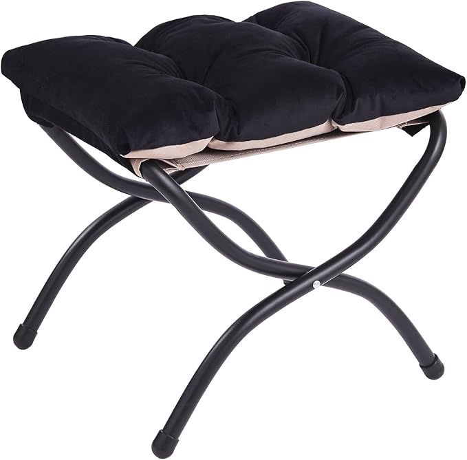 LITA Folding Upholstered Footrest Stool, Modern Small Portable Accent Ottoman with Detachable Thick Cotton Cushion Padded Sofa Stool with Metal Frame for Lazy Chair, Living Room & Bedroom, Black