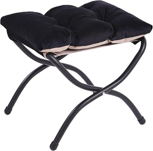 LITA Folding Upholstered Footrest Stool, Modern Small Portable Accent Ottoman with Detachable Thick Cotton Cushion Padded Sofa Stool with Metal Frame for Lazy Chair, Living Room & Bedroom, Black