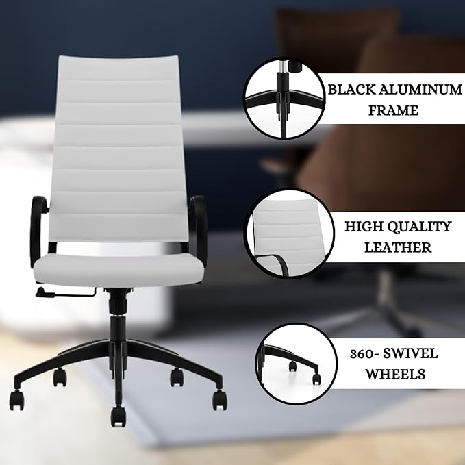 Ribbed High Back Conference Room Chairs - Lumbar Support, Modern Executive Home Office Chair - White Leather Seat & Black Aluminum Frame