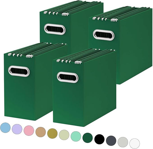 Oterri File Organizer, Small Storage Box, Cardboard File Folder Organizer, Collapsible File Box, Hanging File Organizer for Letter Size, Portable File Box with Handle, Only Box (Dark Green,4 Packs)