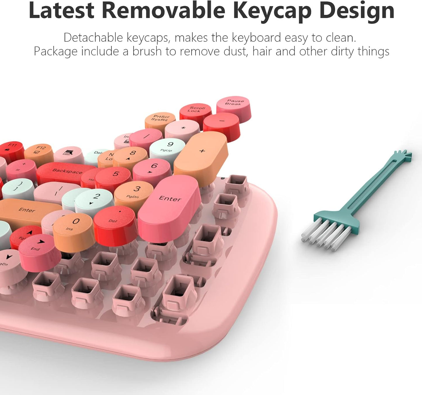 Wireless Keyboard and Mouse Combo, MOWUX - Modern Compact Layout, Colorful Compact Candy Mouse and Retro Round Keyboard Set with Cover, for PC/Laptop/Windows/Mac - Pink Colorful